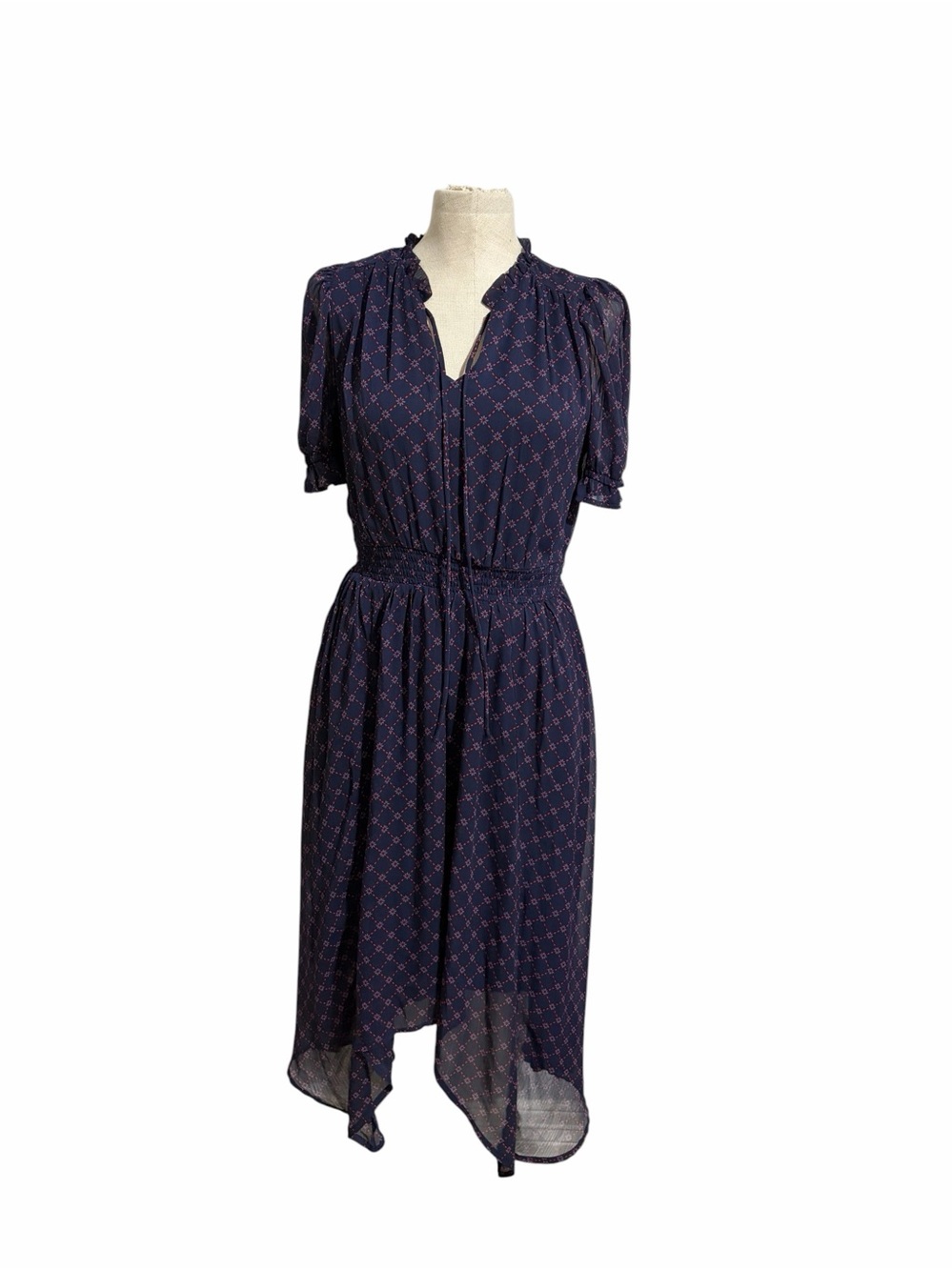 Draper James Navy Printed V-Neck High-Low Midi Dress Bandanna Hem Romantic Sz XS - Picture 2 of 11